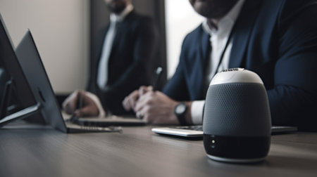 Voice Assistant in Closeup in Front of a Businessman Working at His Desk, Generative AIの素材
