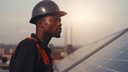 Solar panel installation on a roof by a black electrician using environmentally friendly technologies. The Generative AIの素材