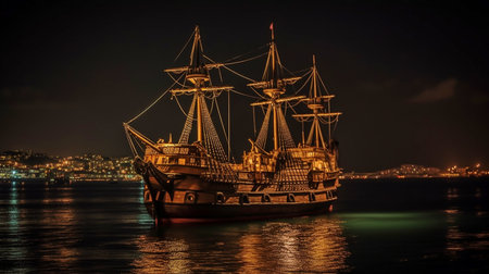 Generative AI, the pirate ship at nightの素材