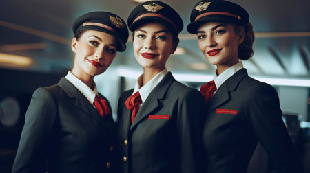three Adorable flight attendants, Generative AIの素材