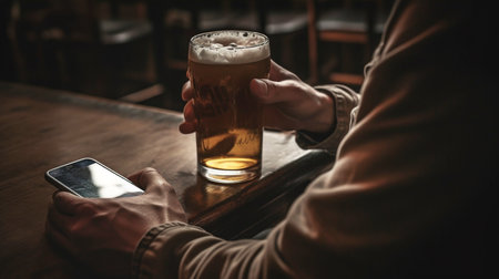 Cropped hands of a man drinking beer and using a phone, Generative AIの素材