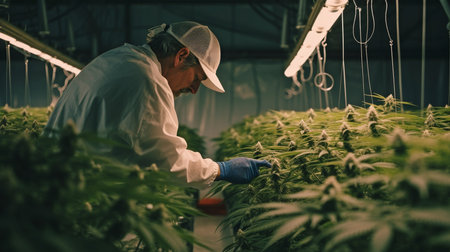 a guy cutting indoor cannabis plants with growers. The Generative AIの素材
