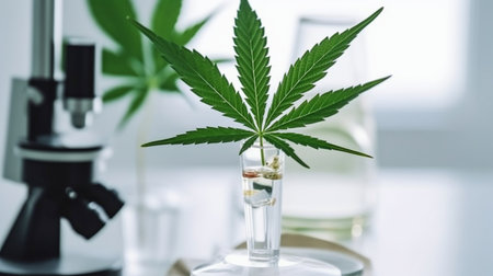 Cannabis marijuana plant leaf with a microscope and a lab glass in a research lab. Generative AIの素材