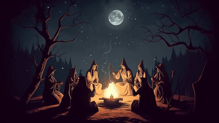 Coven of witches in the moonlight, gathered around a bonfire. The Generative AIの素材