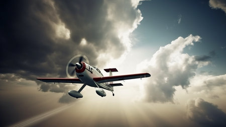 In a cloudy sky, a light sport aircraft is executing aerobatic tricks. The Generative AIの素材