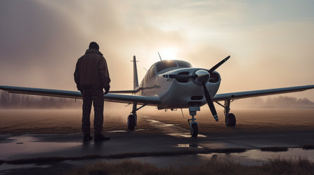 A man standing next to a little, single-engine aircraft. The Generative AIの素材