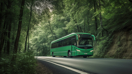 Generative AI, green bus on forest highwayの素材