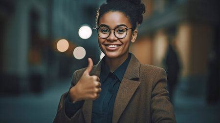Generative AI portrait of a businesswoman with a thumbs-upの素材