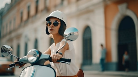attractive young woman on a scooter in the middle of the city. The Generative AIの素材