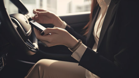 Businesswoman in a contemporary vehicle holding a smartphone. The Generative AIの素材