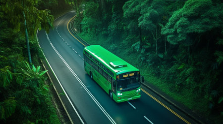 Generative AI, green bus on forest highwayの素材