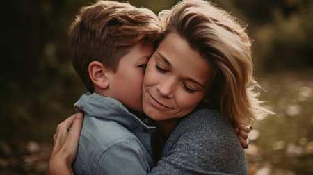 Son embracing Mom with Generative AIの素材