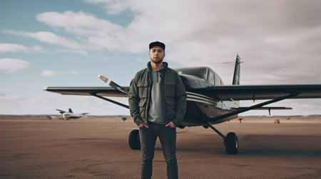 A man standing next to a little, single-engine aircraft. The Generative AIの素材