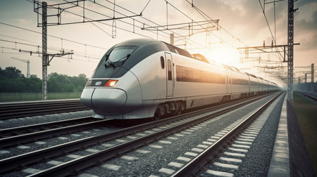 Generative AI, a modern high-speed train on straight linesの素材