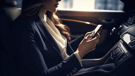 Businesswoman in a contemporary vehicle holding a smartphone. The Generative AIの素材