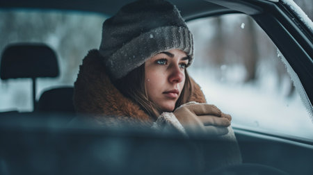 Woman operating a vehicle in the snow., Generative AIの素材