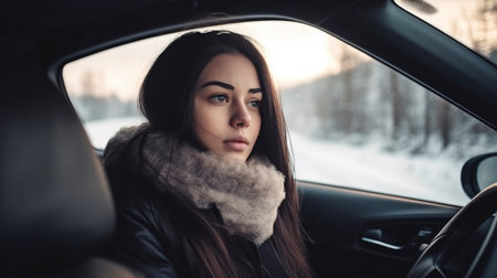 Woman operating a vehicle in the snow., Generative AIの素材