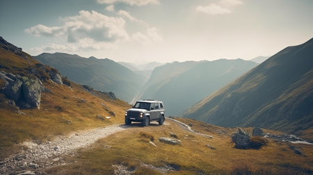 Generative AI and an off-road 4x4 automobile on a mountain passの素材