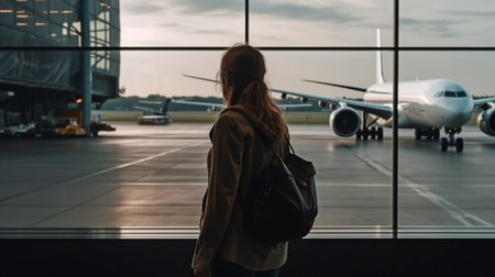 As the plane takes off, the girl is waiting nearby. The flight's passengers are boarding. Generative AI and a young passenger at the airportの素材