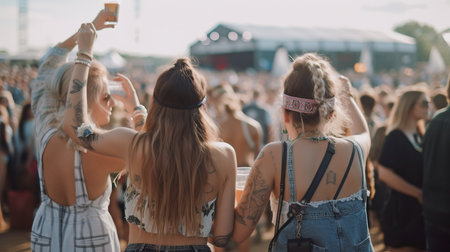Female companions dancing and drinking beer at a music event, back view, Generative AIの素材