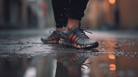 close-up of the feet in sneakers, puddles, rainy, wet weather Runner runs in a city street in the morning, The Generative AIの素材