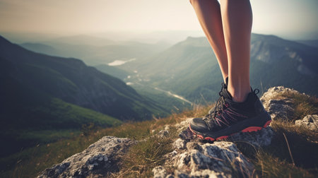 Generative AI, Woman Trail Runner's Feet Up Close on Running Sneakersの素材