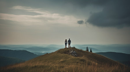 Generative AI with a couple on top of a hillの素材