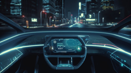 Concept for a Future Autonomous Self-Driving Vehicle City Driving, Infographics on HUD Heads-Up Display, Generative AIの素材