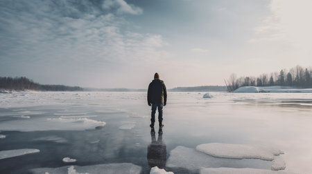 Generative AI depicts a man on a winter ice lake.の素材