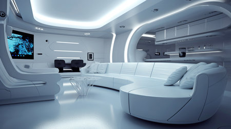 Generative AI, TV, and sofa in a futuristic living roomの素材