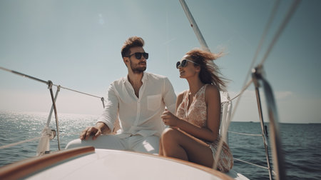 A young couple is having a great time together on a yacht while enjoying the sun, Generative AIの素材