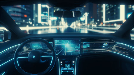 Concept for a Future Autonomous Self-Driving Vehicle City Driving, Infographics on HUD Heads-Up Display, Generative AIの素材
