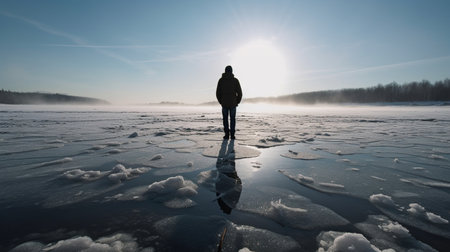 Generative AI depicts a man on a winter ice lake.の素材