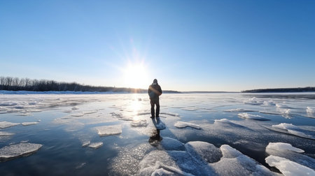Generative AI depicts a man on a winter ice lake.の素材