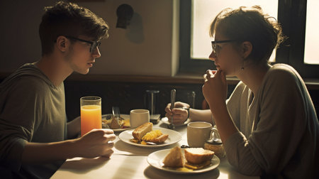 Generative AI and a female eating breakfastの素材