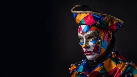 Traditional festival disguise, Generative AI, and a guy wearing a Carnival Venetian harlequin mask on a dark backdropの素材