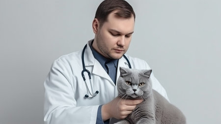 Dr. with Scottish fold cat on white backdrop, Generative AIの素材