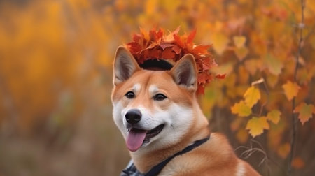 a contented youngster and a Japanese dog breed Shiba in, Generative AI, with an orange autumn leaf on its headの素材