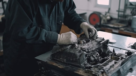 At the workstation of the auto repair shop, a worker is disassembling an engine. Generative AIの素材