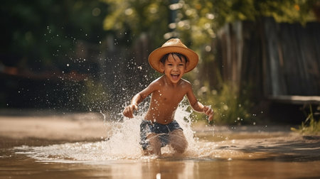 Generative AI shows a little toddler splashing water in the summer.の素材