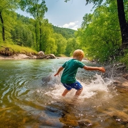 Generative AI shows a little toddler splashing water in the summer.の素材