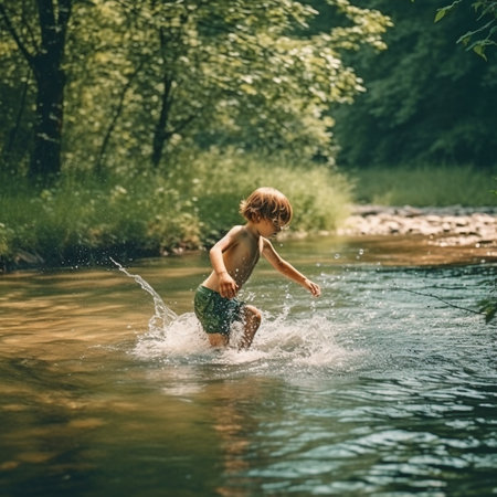 Generative AI shows a little toddler splashing water in the summer.の素材