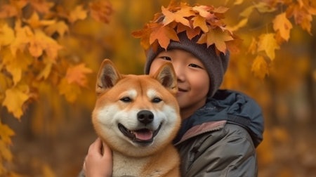 a contented youngster and a Japanese dog breed Shiba in, Generative AI, with an orange autumn leaf on its headの素材