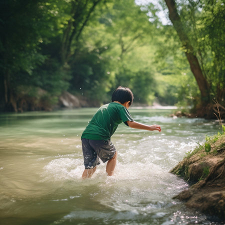 Generative AI shows a little toddler splashing water in the summer.の素材