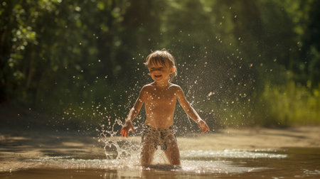 Generative AI shows a little toddler splashing water in the summer.の素材