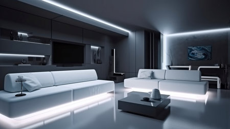 Generative AI, TV, and sofa in a futuristic living roomの素材