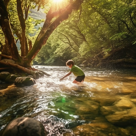 Generative AI shows a little toddler splashing water in the summer.の素材