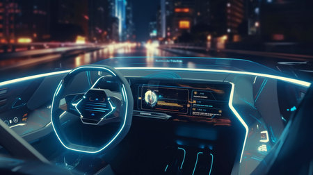 Concept for a Future Autonomous Self-Driving Vehicle City Driving, Infographics on HUD Heads-Up Display, Generative AIの素材