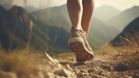 Generative AI, Woman Trail Runner's Feet Up Close on Running Sneakersの素材