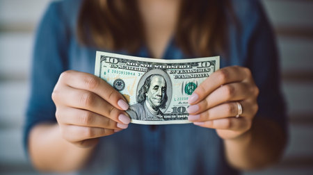 Generative AI, smiling lady clutching $100 dollarsの素材
